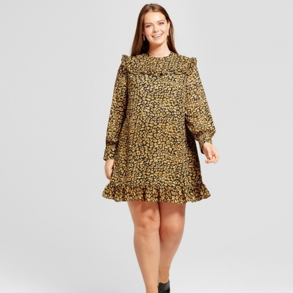 Who What Wear 14W Cheetah Print Dress X Ruffle Hem and Chest button Long Sleeve - Picture 1 of 10